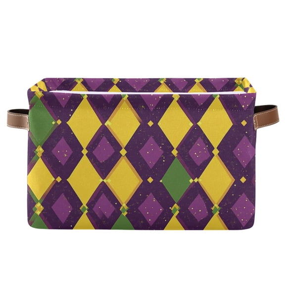 Ryvnso Mardi Gras Checkered Storage Basket Large Bin Foldable Boxes Toys Organizer 14.2x10.2x8.3in 1 PC
