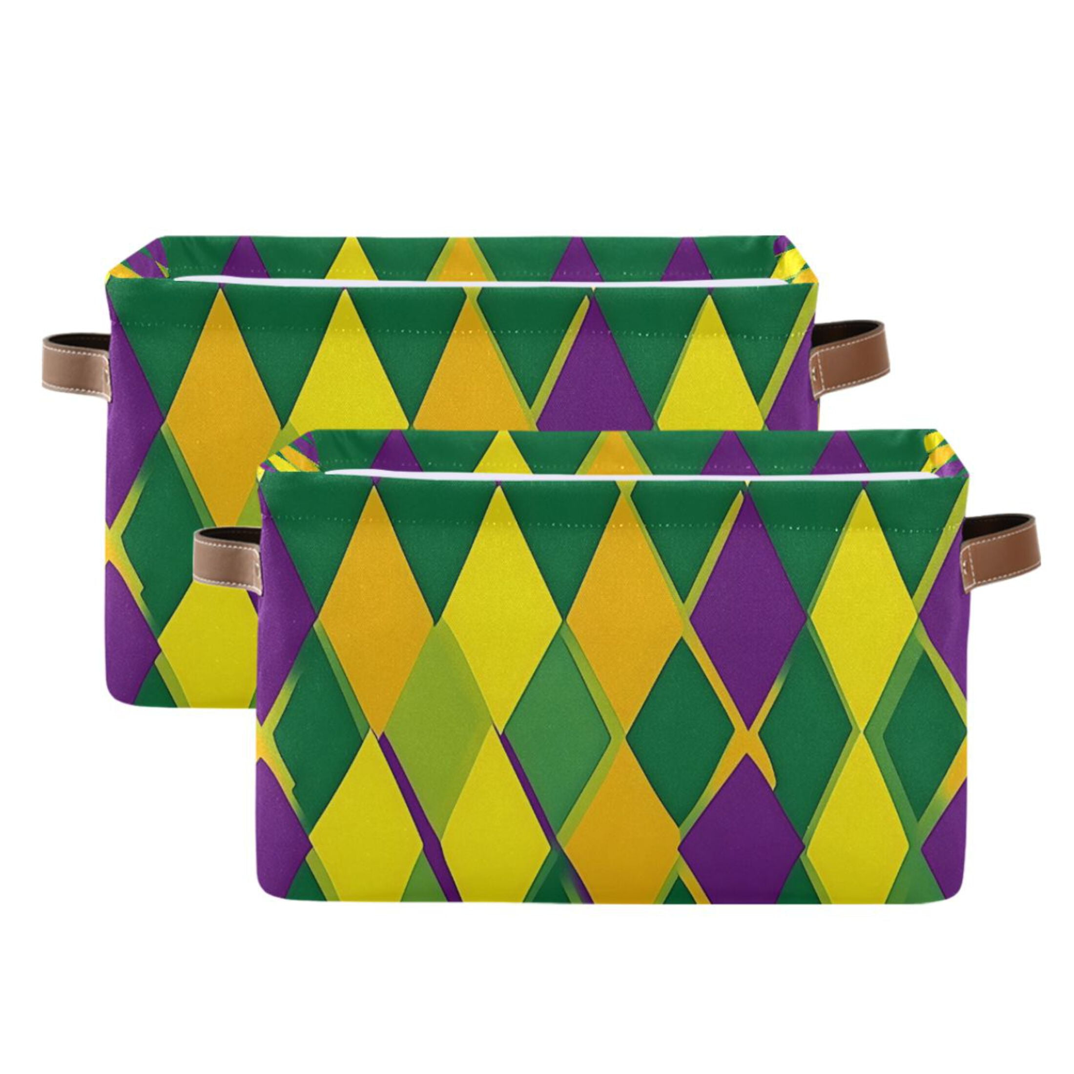 Ryvnso Mardi Gras Checkered Storage Basket Large Bin Foldable Boxes Toys Organizer 14.2x10.2x8.3in 2 PCs