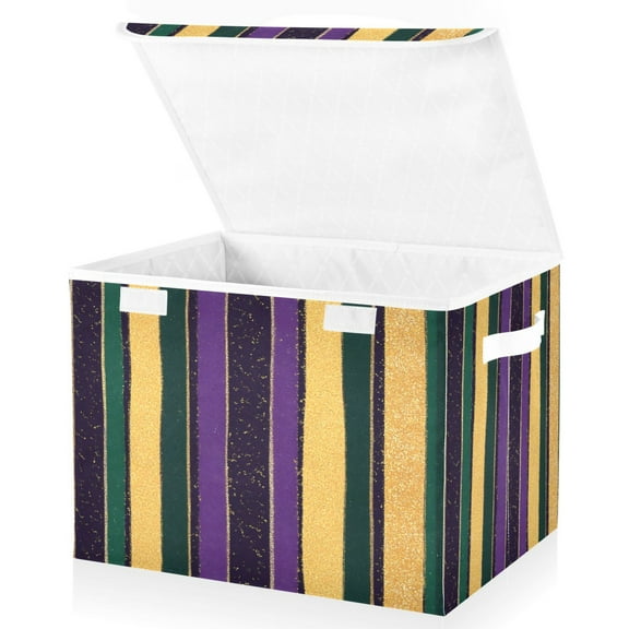 Ryvnso Mardi Gras Stripes Large Lidded Foldable Storage Baskets Cubes Boxes Lids Bin for Home