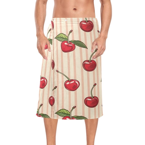 Ryvnso Men's Adjustable Shower Wrap Cherry on Striped Bath Towels with Snap Closure 28 x 60 inch