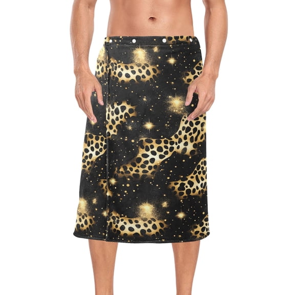 Ryvnso Men's Adjustable Shower Wrap Golden Leopard Print Bath Towels with Snap Closure 28 x 60 inch