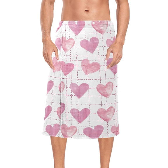 Ryvnso Men's Adjustable Shower Wrap Pink Hearts Checkered Pattern Bath Towels with Snap Closure 28 x 60 inch