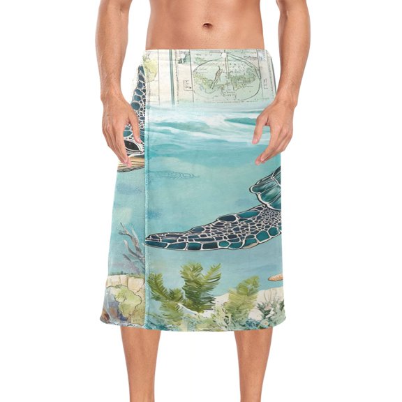 Ryvnso Men's Adjustable Shower Wrap Retro Turtle and Map Bath Towels with Snap Closure 28 x 60 inch