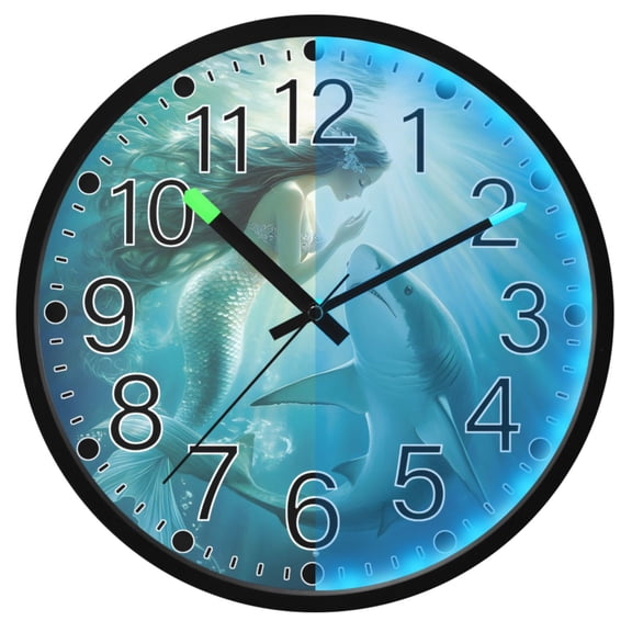 Ryvnso Mermaid and Shark 12 Inch Night Light Wall Clock Silent Battery Operated Luminous Clocks