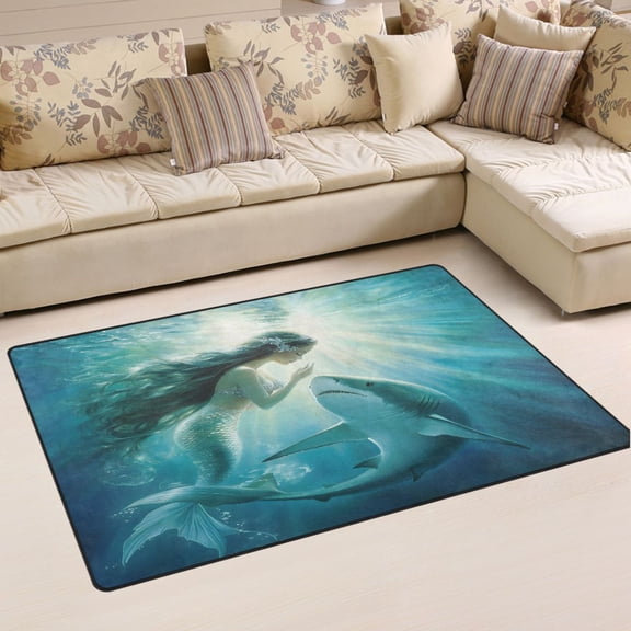 Ryvnso Mermaid and Shark Area Floor Mat Non-Slip Carpet Soft Rugs Doormats 31" x 20"