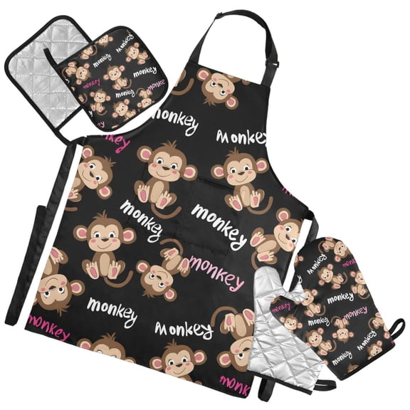 Ryvnso Monkey Cute Kitchen Apron Oven Mitts Set Pot Holders
