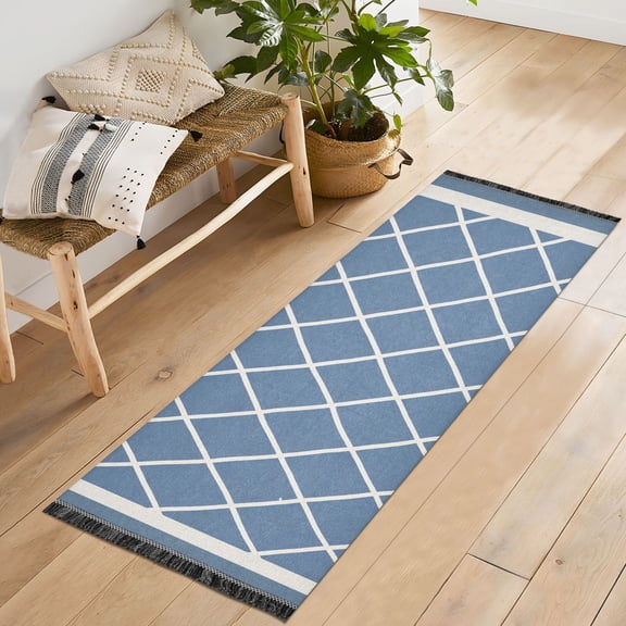 Ryvnso Moroccan Checkered Grid Bedroom Runner Rug 2'x6' Hallway Area Carpet Non Slip Entryway Mat with Tassels