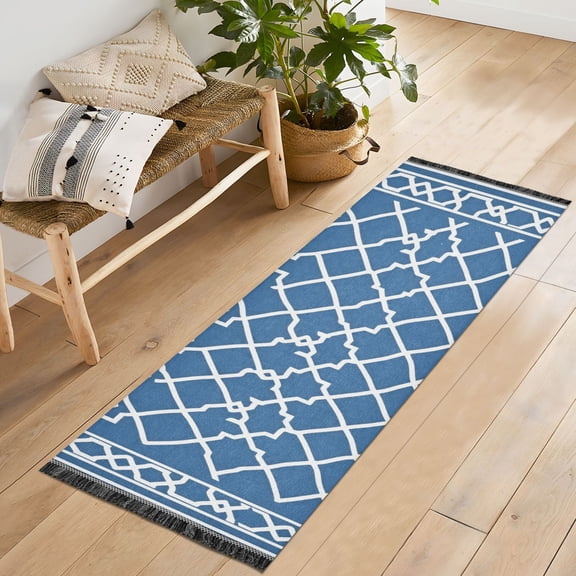 Ryvnso Moroccan Grid Checkered Bedroom Runner Rug 2'x6' Hallway Area Carpet Non Slip Entryway Mat with Tassels