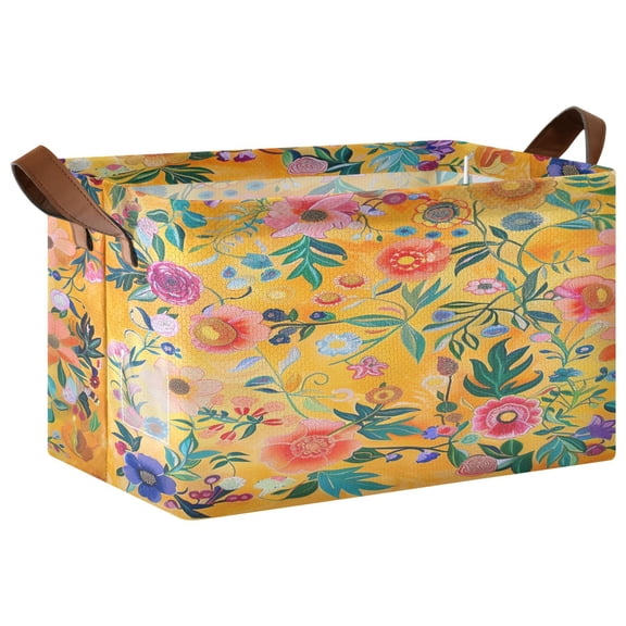 Ryvnso Moroccan Yellow Floral Storage Bins Large Basket Foldable Cube Toys Organizer with Handles 1 PC
