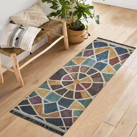 Ryvnso Morocco Funny Checkered Bedroom Runner Rug 2'x6' Hallway Area Carpet Non Slip Entryway Mat with Tassels