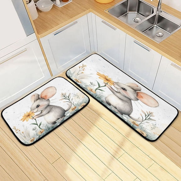 Ryvnso Mouse Flowers Kitchen Rugs Set Non Slip Runner Mats for Dining Room
