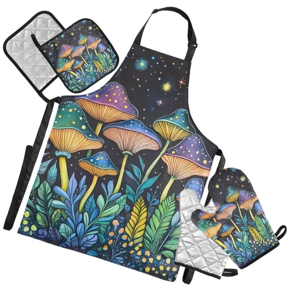 Ryvnso Mushroom Forest Kitchen Apron Oven Mitts Set Pot Holders