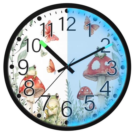 Ryvnso Mushroom Frog Butterfly 12 Inch Night Light Wall Clock Silent Battery Operated Luminous Clocks