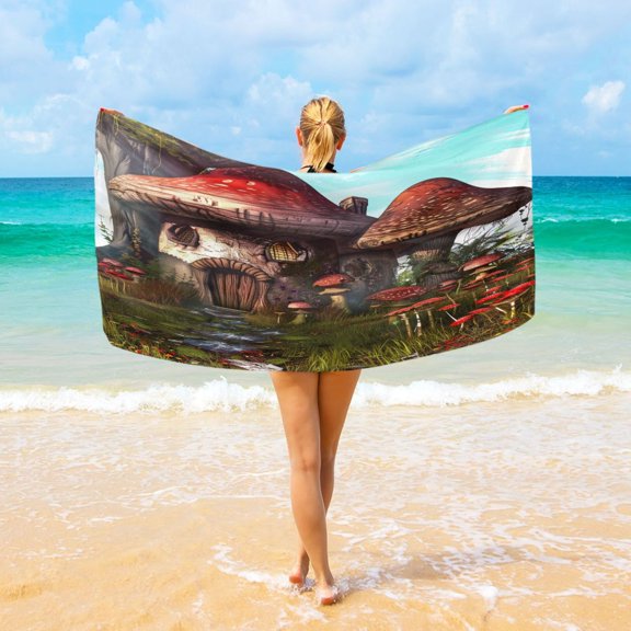 Ryvnso Mushroom House Oversized Beach Towel Microfiber Bath Blankets Swimming Fitness 37" x 74"