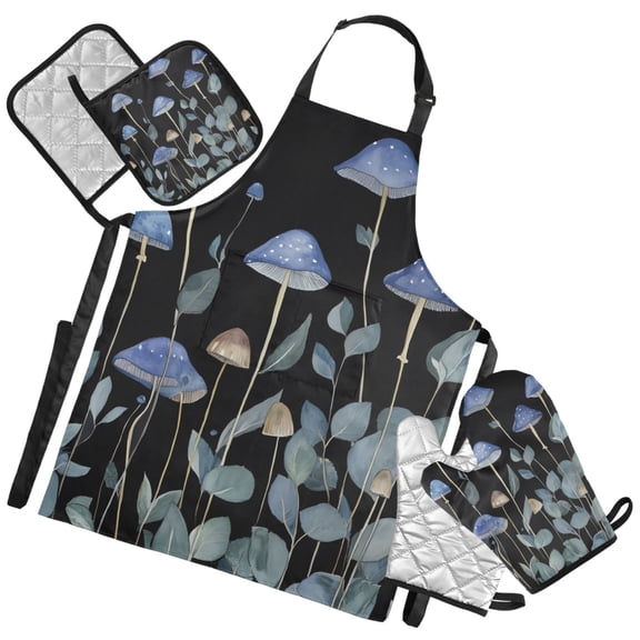Ryvnso Mushroom Kitchen Apron Oven Mitts Set Pot Holders