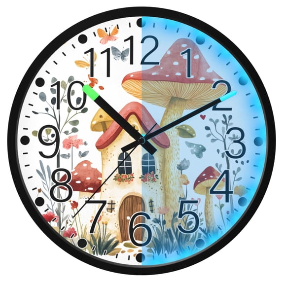 Ryvnso Mushroom on House 12 Inch Night Light Wall Clock Silent Battery Operated Luminous Clocks