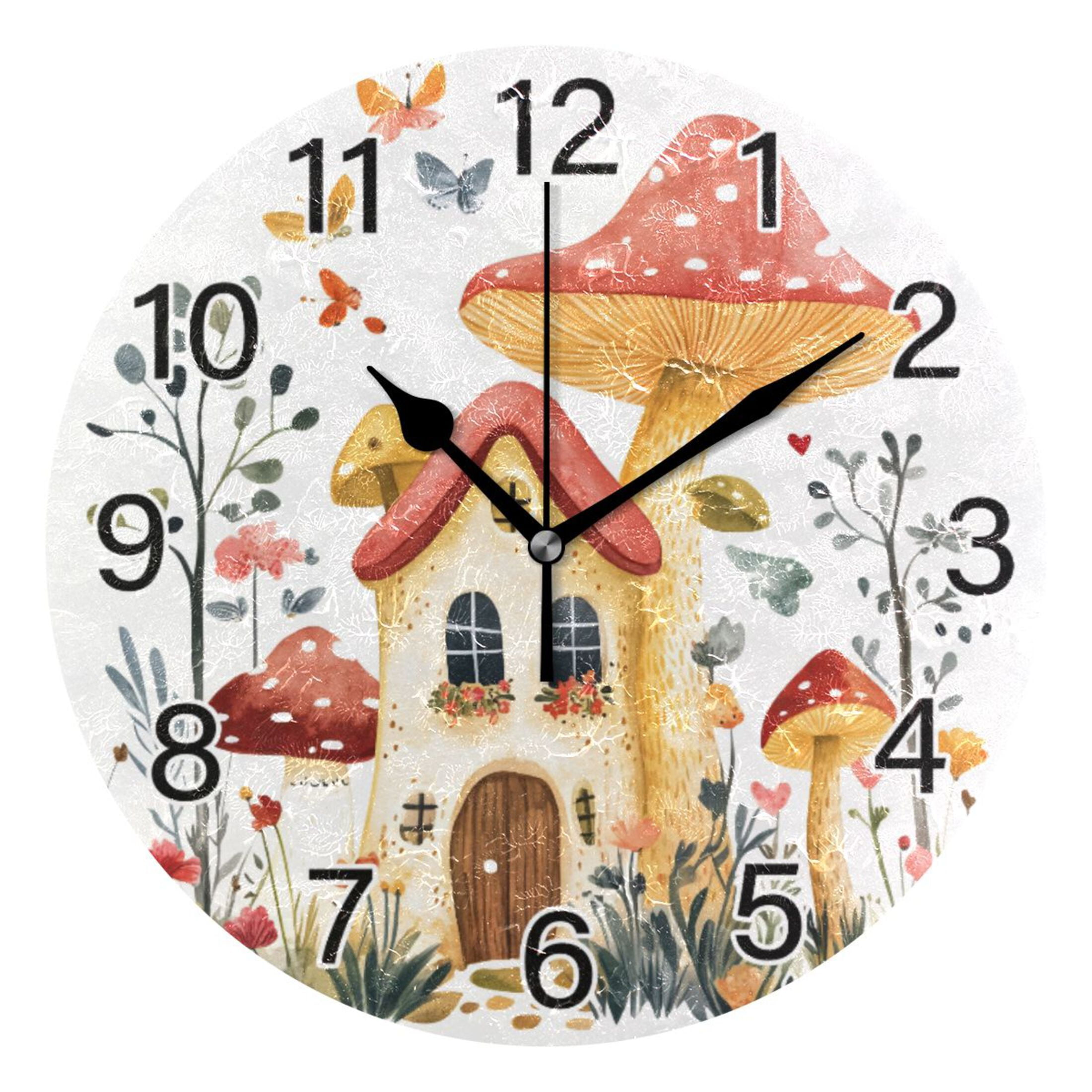 Ryvnso Mushroom on House Wall Clock Non Ticking Silent Kitchen Clock ...