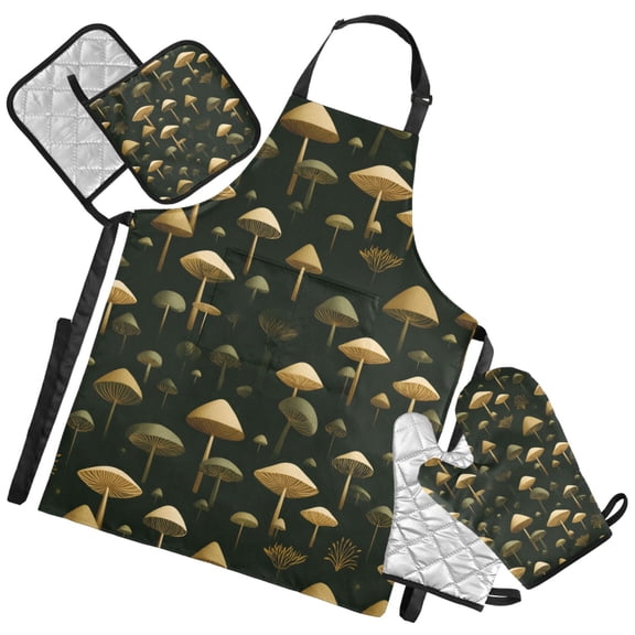 Ryvnso Mushrooms Kitchen Apron Oven Mitts Set Pot Holders