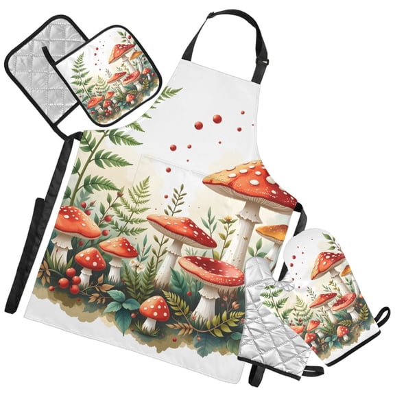 Ryvnso Mushrooms Kitchen Apron Oven Mitts Set Pot Holders