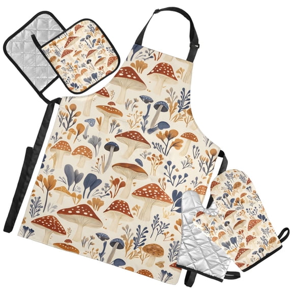 Ryvnso Mushrooms Pattern Kitchen Apron Oven Mitts Set Pot Holders