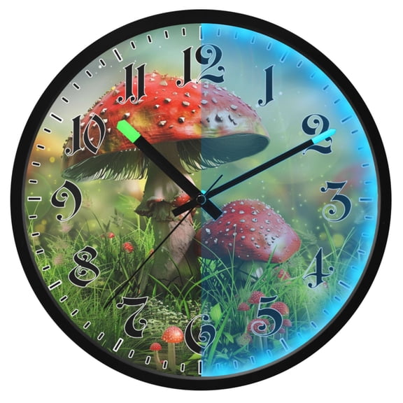 Ryvnso Mushrooms on Grasses Landscape 12 Inch Night Light Wall Clock Luminous Silent Battery Operate Clocks
