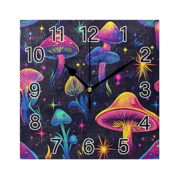 Ryvnso Neon Mushrooms Wall Clock Square Silent Non-Ticking Battery Operated 7.78"
