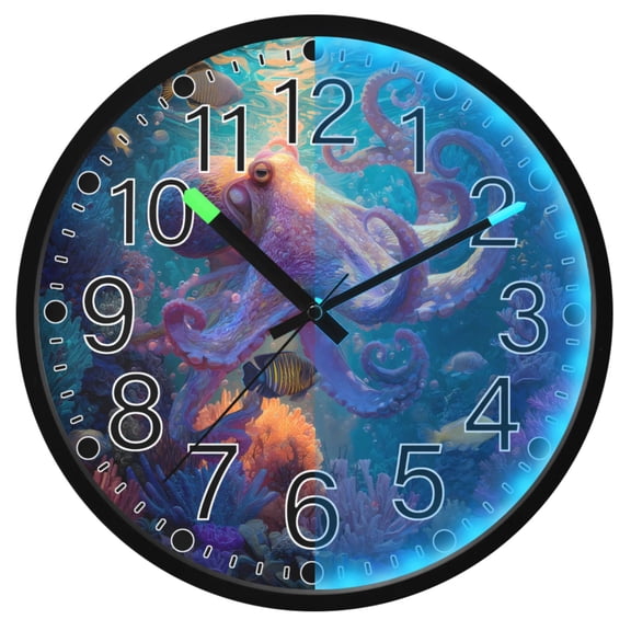 Ryvnso Octopus under Sea 12 Inch Night Light Wall Clock Silent Battery Operated Luminous Clocks