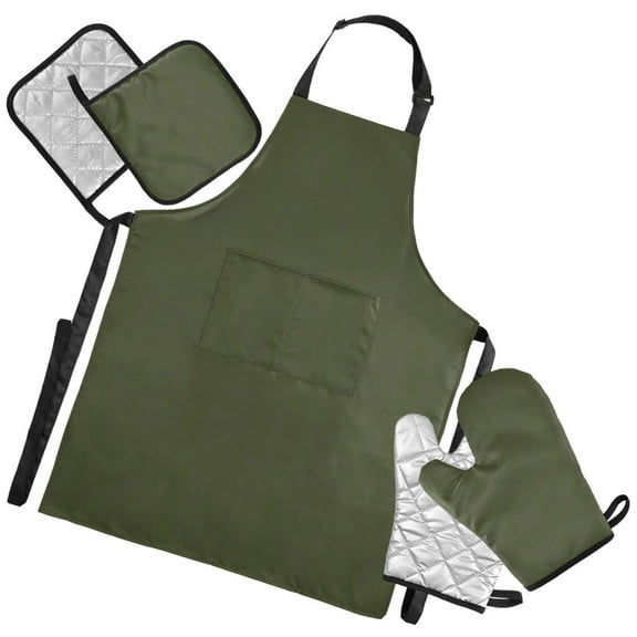 Ryvnso Olive Green Solid Kitchen Apron Oven Mitts Set Pot Holders