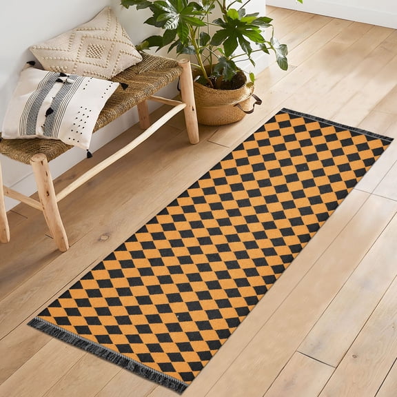 Ryvnso Orange Checked Grid Pattern Bedroom Runner Rug 2'x6' Hallway Area Carpet Non Slip Entryway Mat with Tassels