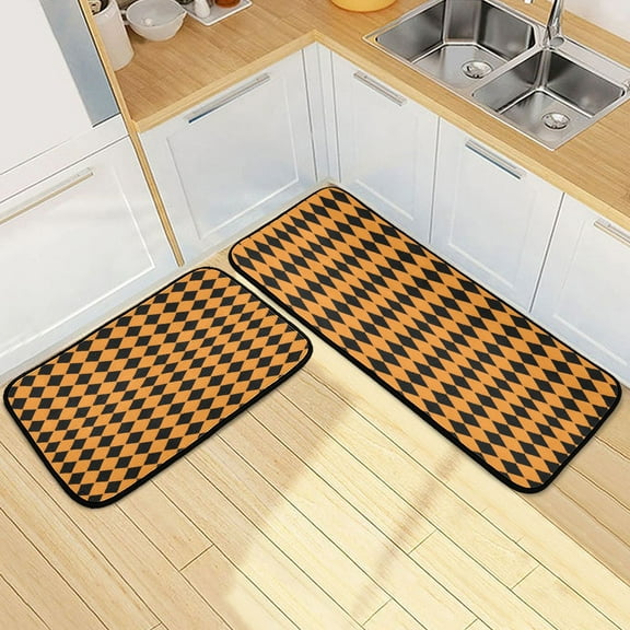 Ryvnso Orange Checked Grid Pattern Kitchen Rugs Set Non Slip Runner Mats for Dining Room