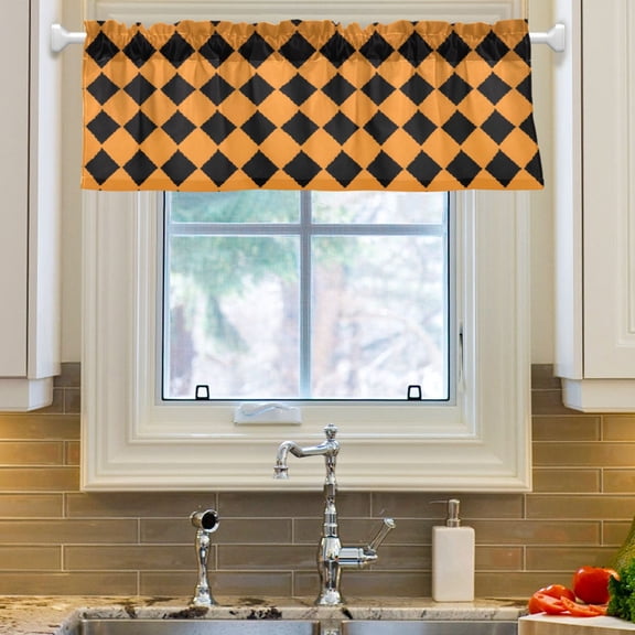 Ryvnso Orange Checked Grid Pattern Window Valance Kitchen Farmhouse Rod Pocket Short Curtain 54x18 inch