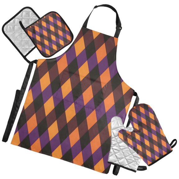 Ryvnso Orange Checkered Kitchen Apron Oven Mitts Set Pot Holders