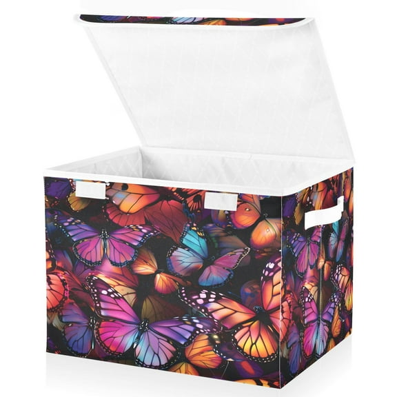 Ryvnso Orange Purple Butterfly Large Lidded Foldable Storage Baskets Cubes Boxes Lids Bin for Home