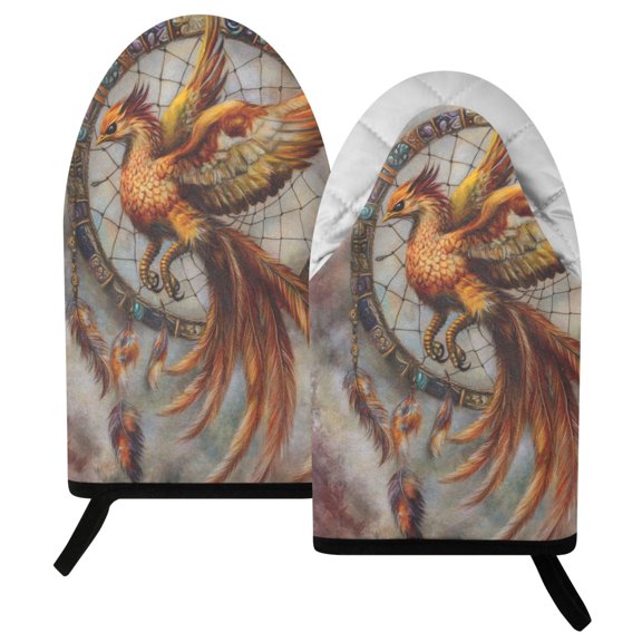 Ryvnso Oven Mitts Set with Phoenix with Retro Feather Print Heat Resistant Kitchen Oven Gloves Non-Slip Cotton Pot Holders