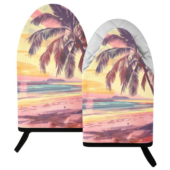 Ryvnso Oven Mitts Set with Retro Sunset Palm Tree on Beach Print Heat Resistant Kitchen Oven Gloves Non-Slip Cotton Pot Holders