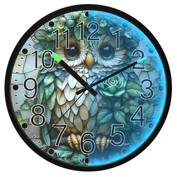 Ryvnso Owl Bohemia Green 12 Inch Night Light Wall Clock Silent Battery Operated Luminous Clocks