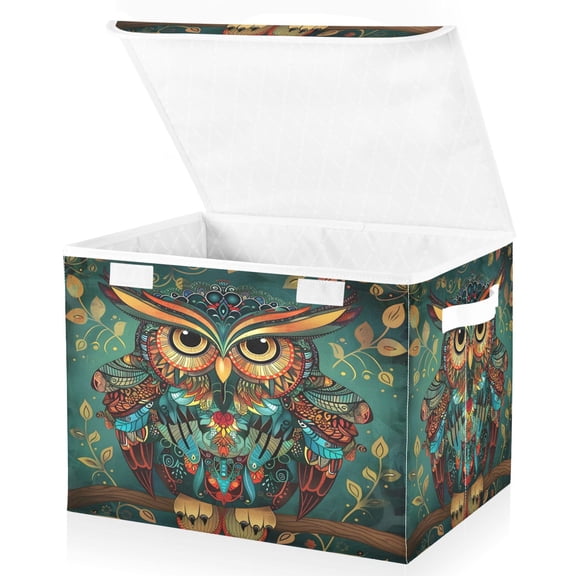 Ryvnso Owl Print Ethnic Large Lidded Foldable Storage Baskets Cubes Boxes Lids Bin for Home