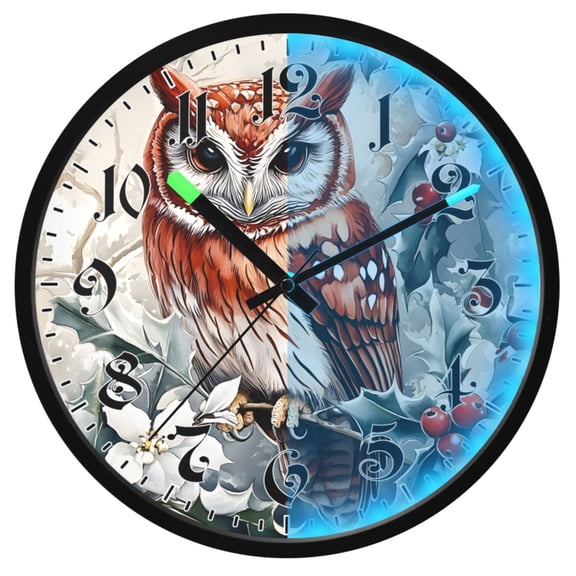 Ryvnso Owl Winter Berry 12 Inch Night Light Wall Clock Luminous Silent Battery Operate Clocks