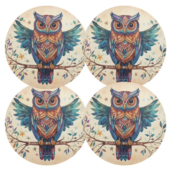 Ryvnso Owl on Tree Pattern Round Plate Mats Dining Table Placemat Set of 4 for Holiday Decoration