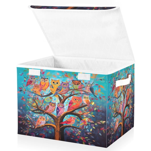 Ryvnso Owls on Tree Branch Large Lidded Foldable Storage Baskets Cubes Boxes Lids Bin for Home