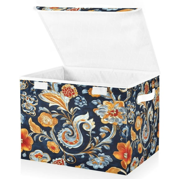 Ryvnso Paisley Boho Floral Large Lidded Foldable Storage Baskets Cubes Boxes Lids Bin for Home