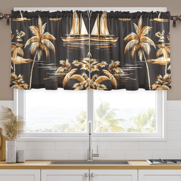 Ryvnso Palm Retro Tree Boat Curtains Sets Short Curtain Rod Pocket Half Window Cafe Farmhouse Tier 2 Panels 57"W x 24"L
