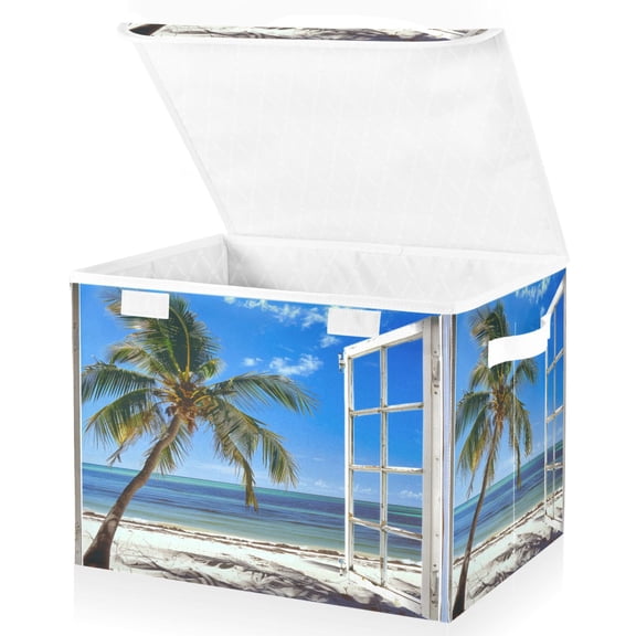 Ryvnso Palm Tree Beach Sea Window Large Lidded Foldable Storage Baskets Cubes Boxes Lids Bin for Home