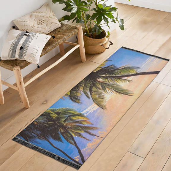 Ryvnso Palm Tree Beach with Sunset Bedroom Runner Rug 2'x6' Hallway Area Carpet Non Slip Entryway Mat with Tassels