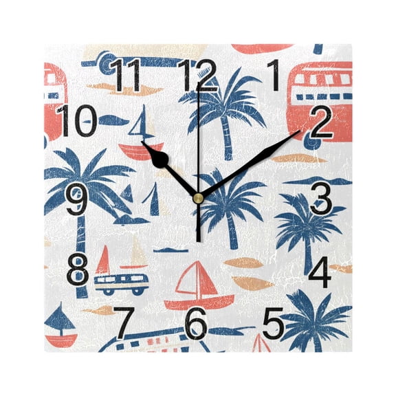 Ryvnso Palm Tree Bus Wall Clock Square Silent Non-Ticking Battery Operated 7.78"