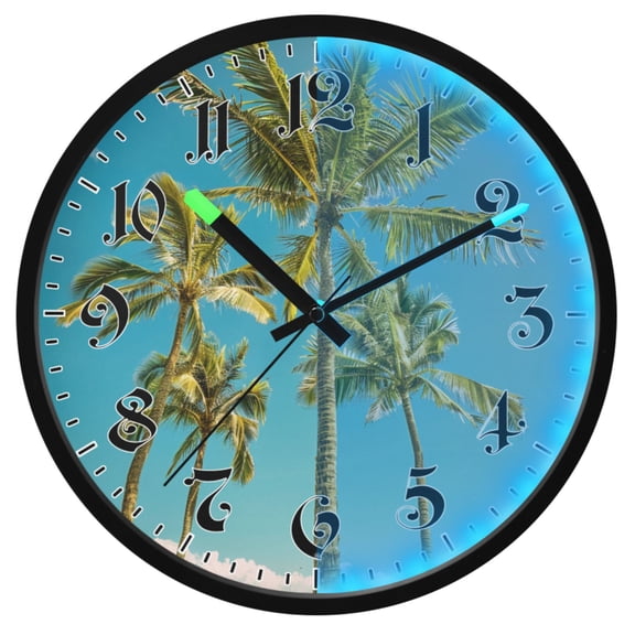Ryvnso Palm Tree Summer Blue Sky 12 Inch Night Light Wall Clock Luminous Silent Battery Operate Clocks