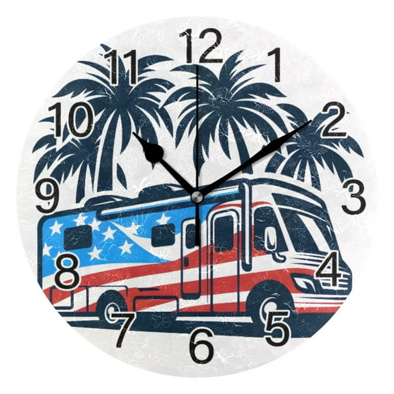 Ryvnso Palm Tree and Bus Wall Clock Non Ticking Silent Kitchen Clock Battery Operated Clocks 10 inch