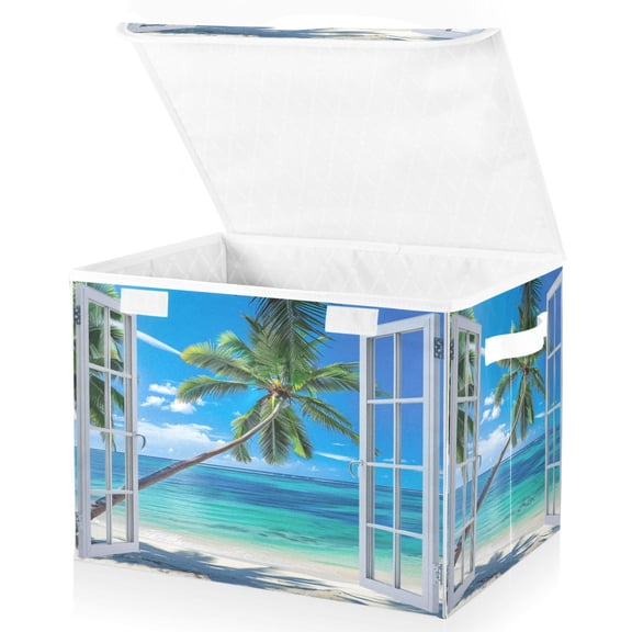 Ryvnso Palm Tree on Beach Window Large Lidded Foldable Storage Baskets Cubes Boxes Lids Bin for Home