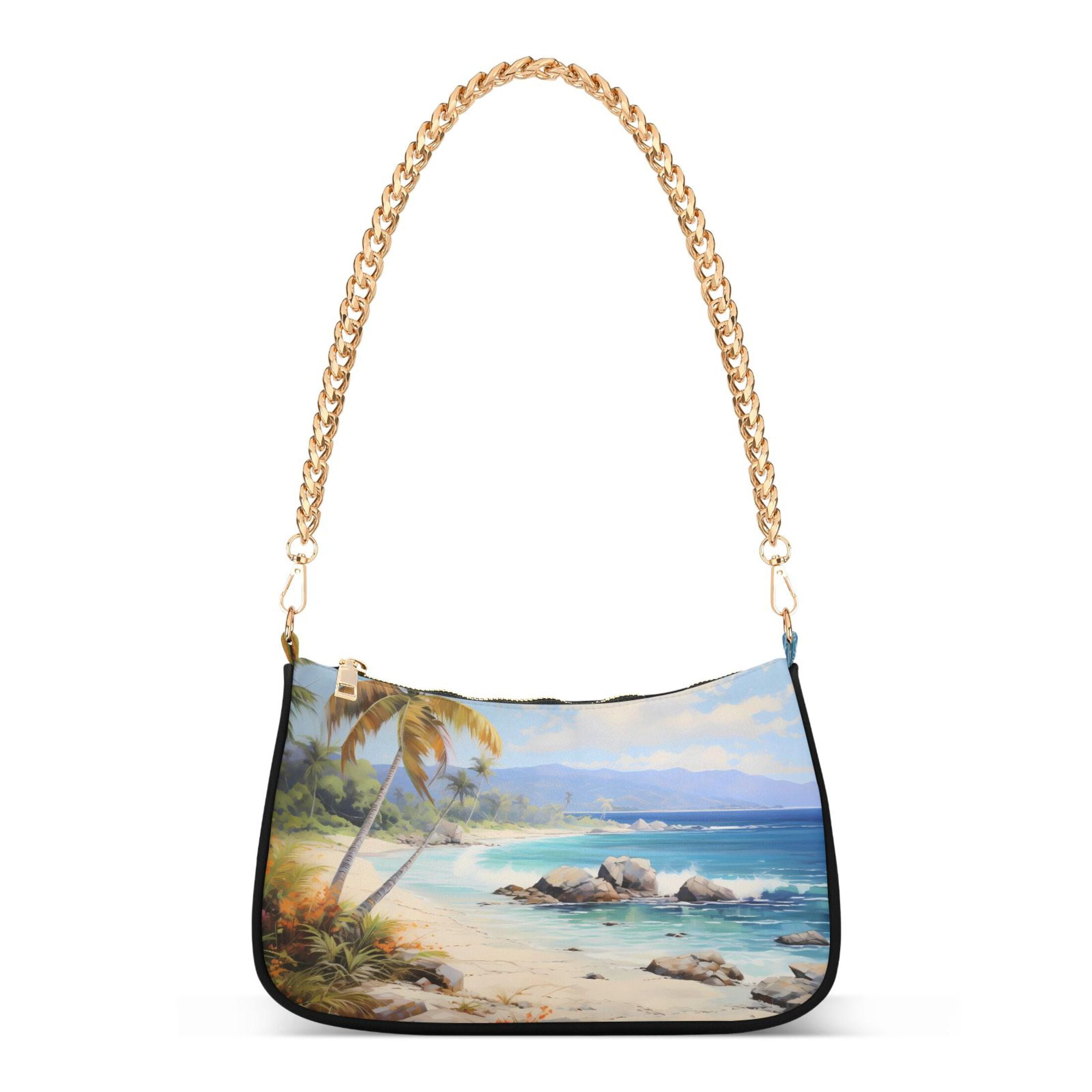 Ryvnso Palm Tree on Beach Womens Chain Shoulder Bag Tote Handbags Clutch Hobo Purse with Zipper for Travel