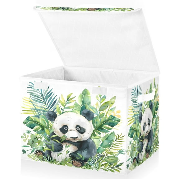 Ryvnso Panda in Palm Leaves Large Lidded Foldable Storage Baskets Cubes Boxes Lids Bin for Home